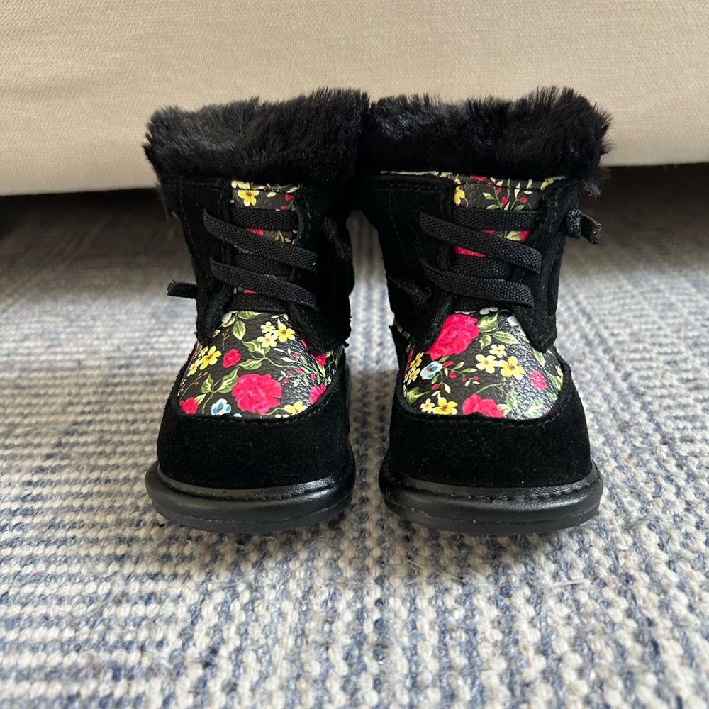 Floral Black Kids Boots with Faux Fur Lining